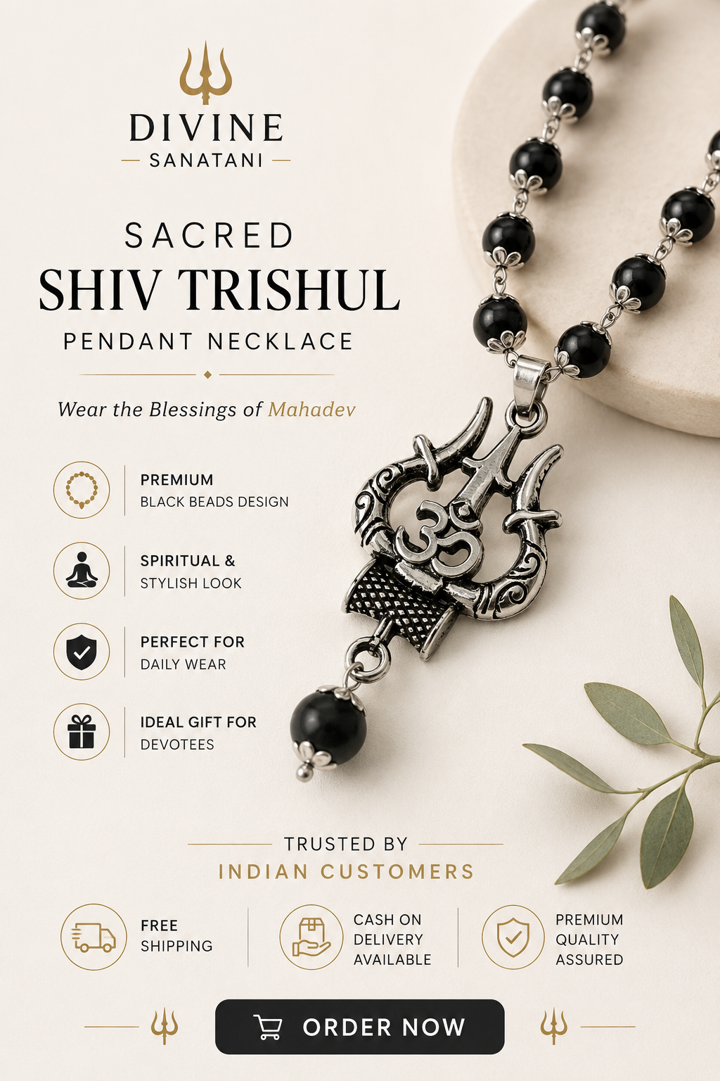 Divine Sanatani Karungali Mala With Silver Cap Sacred Shiv Trishul Pendant Necklace- 54 Beads