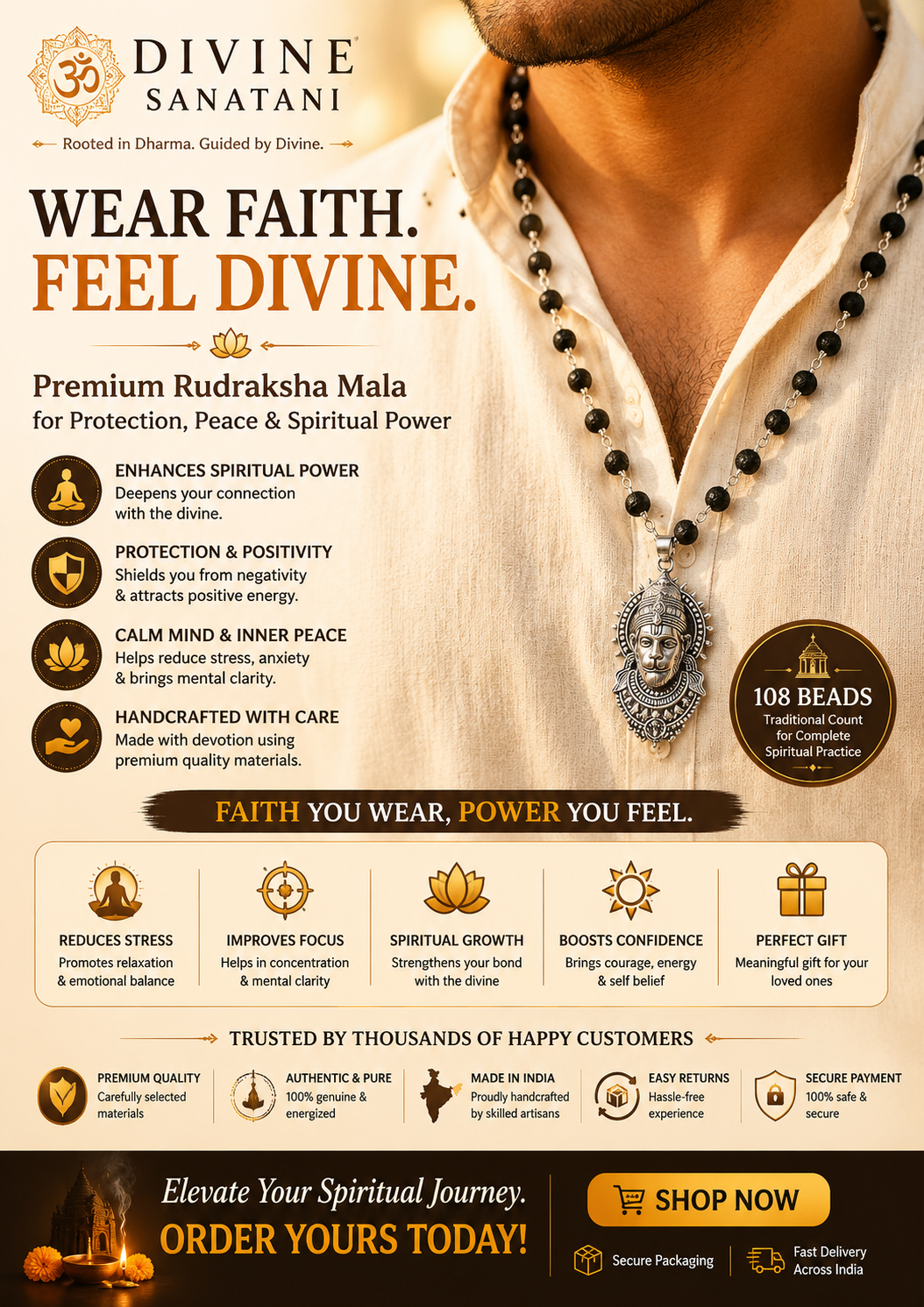 Divine Sanatani Karungali Mala With Silver Cap Sacred Shiv Trishul Pendant Necklace- 54 Beads